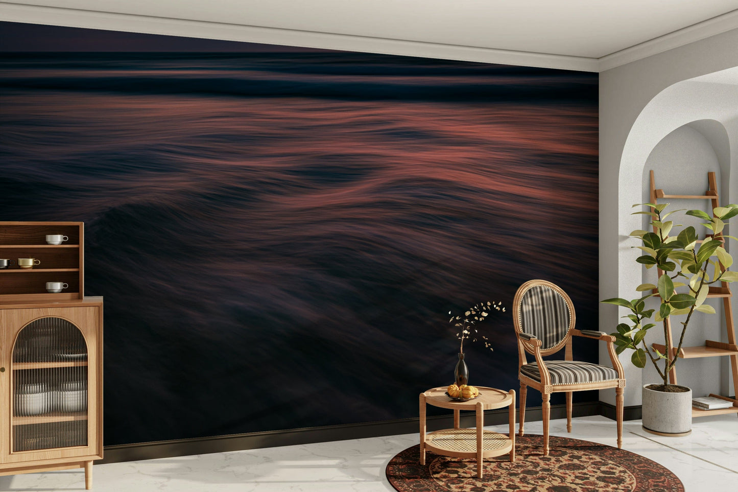 A minimalist interior with the ocean-themed wallpaper.

