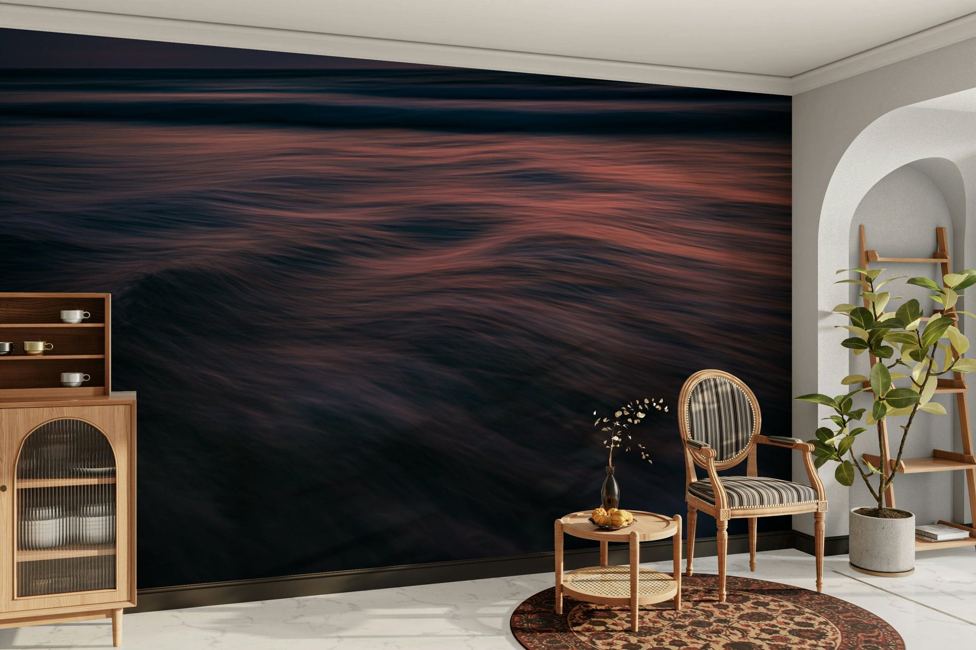 A minimalist interior with the ocean-themed wallpaper.

