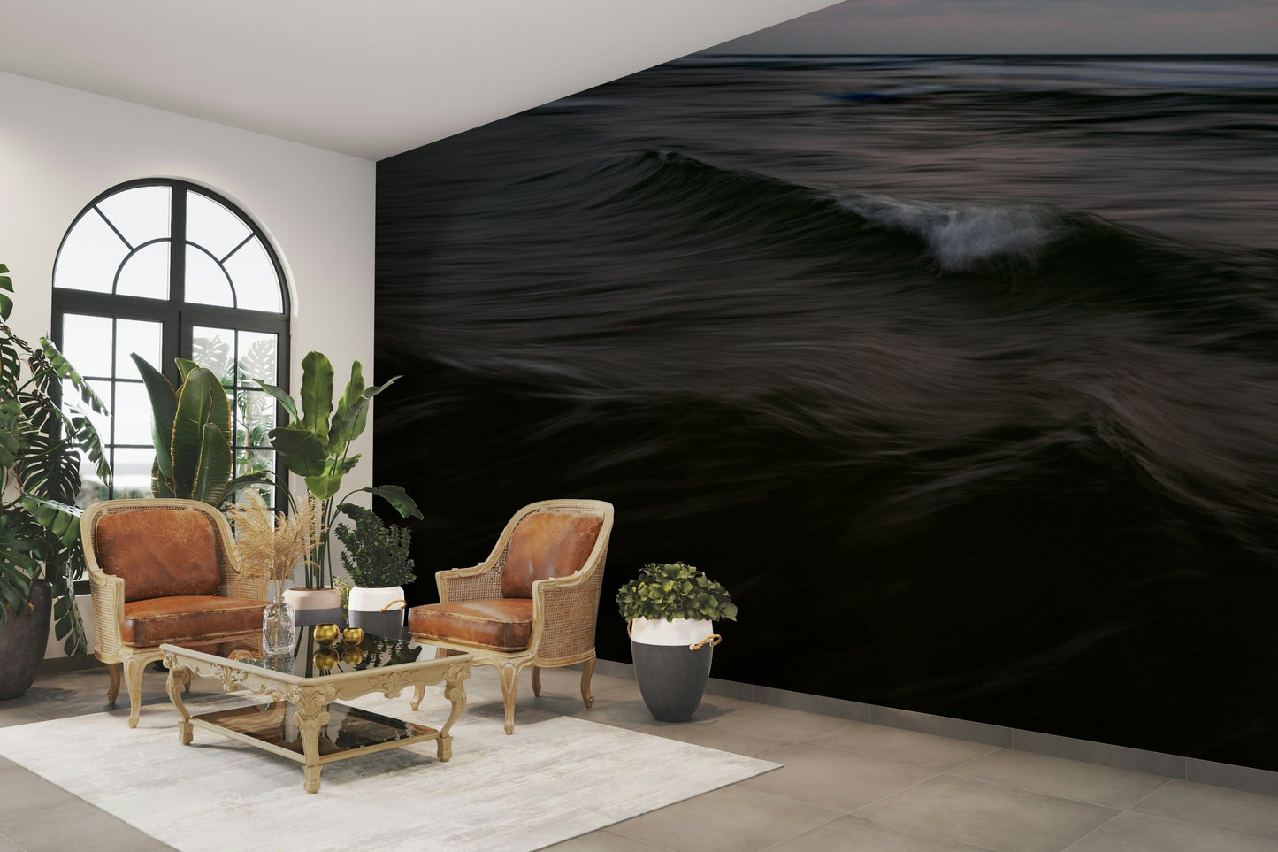 A living room with the ocean wave wall mural.

