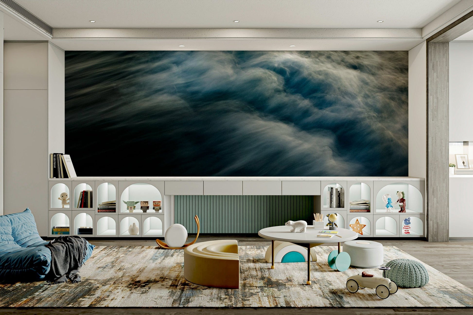 A peaceful open ocean mural on decorative wallpaper.

