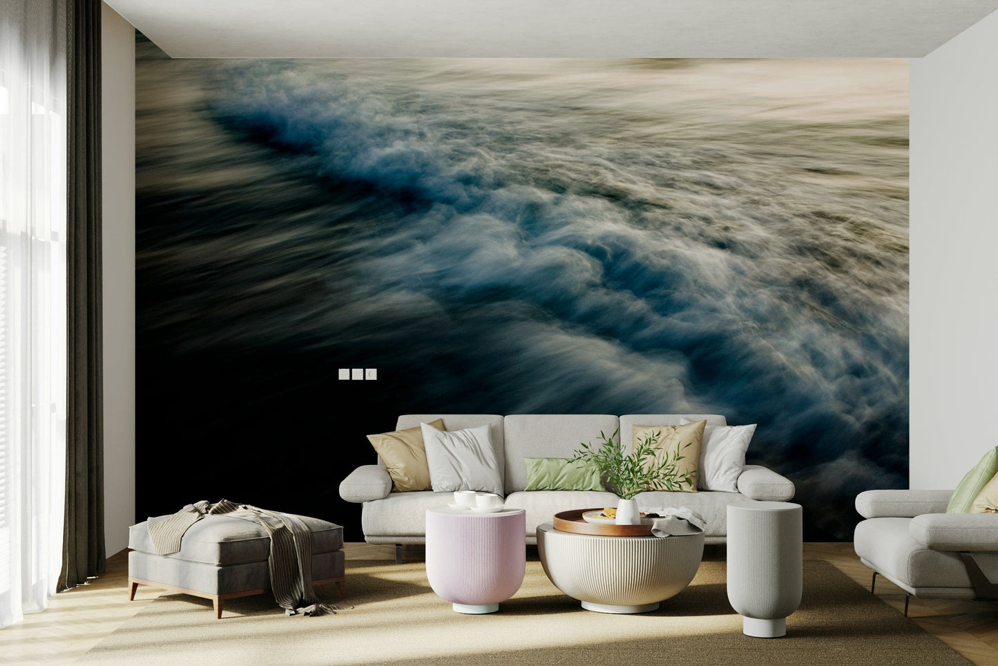 An artistic coastal scene mural on minimalist wallpaper.


