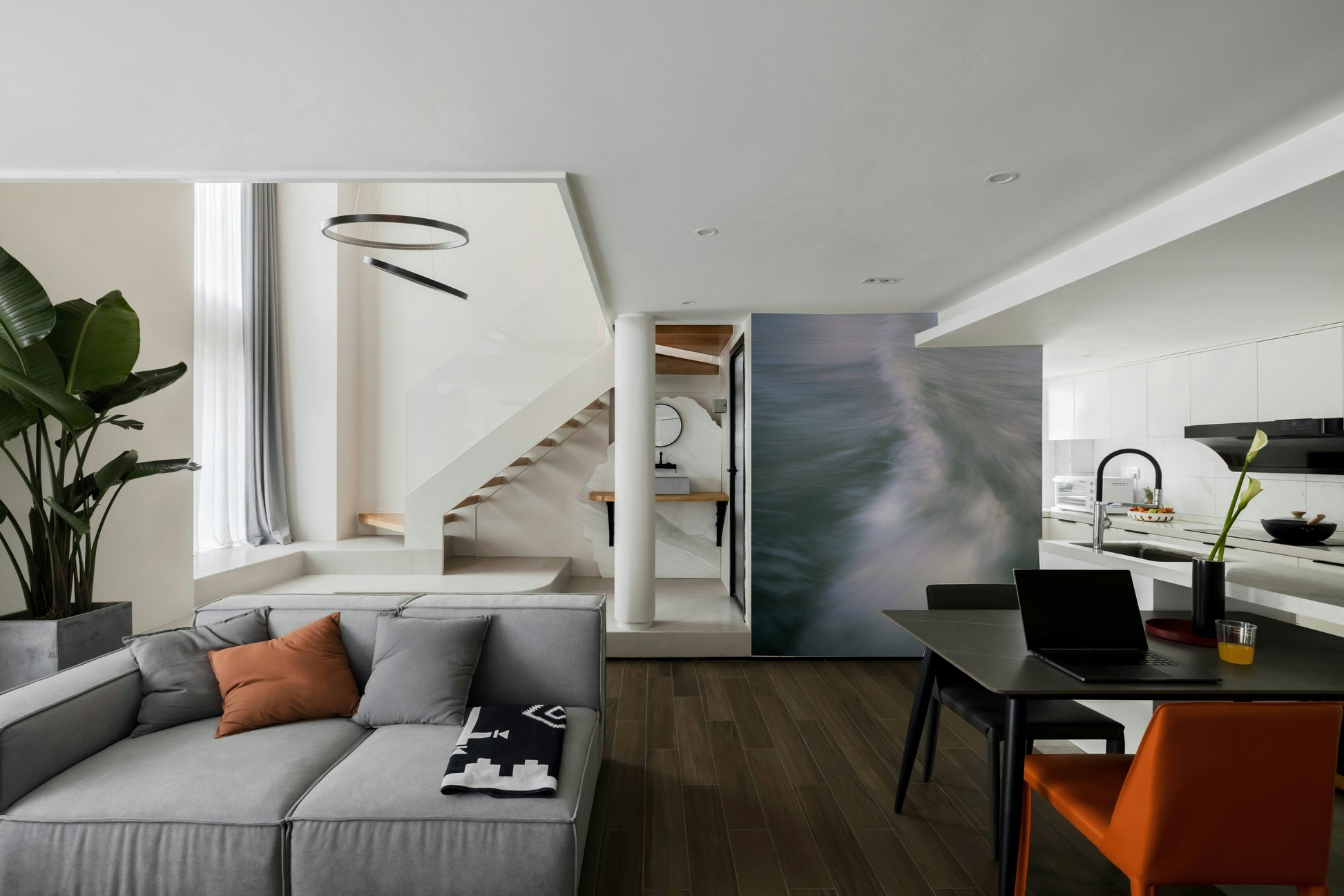 The peel and stick wallpaper on a smooth wall surface.

