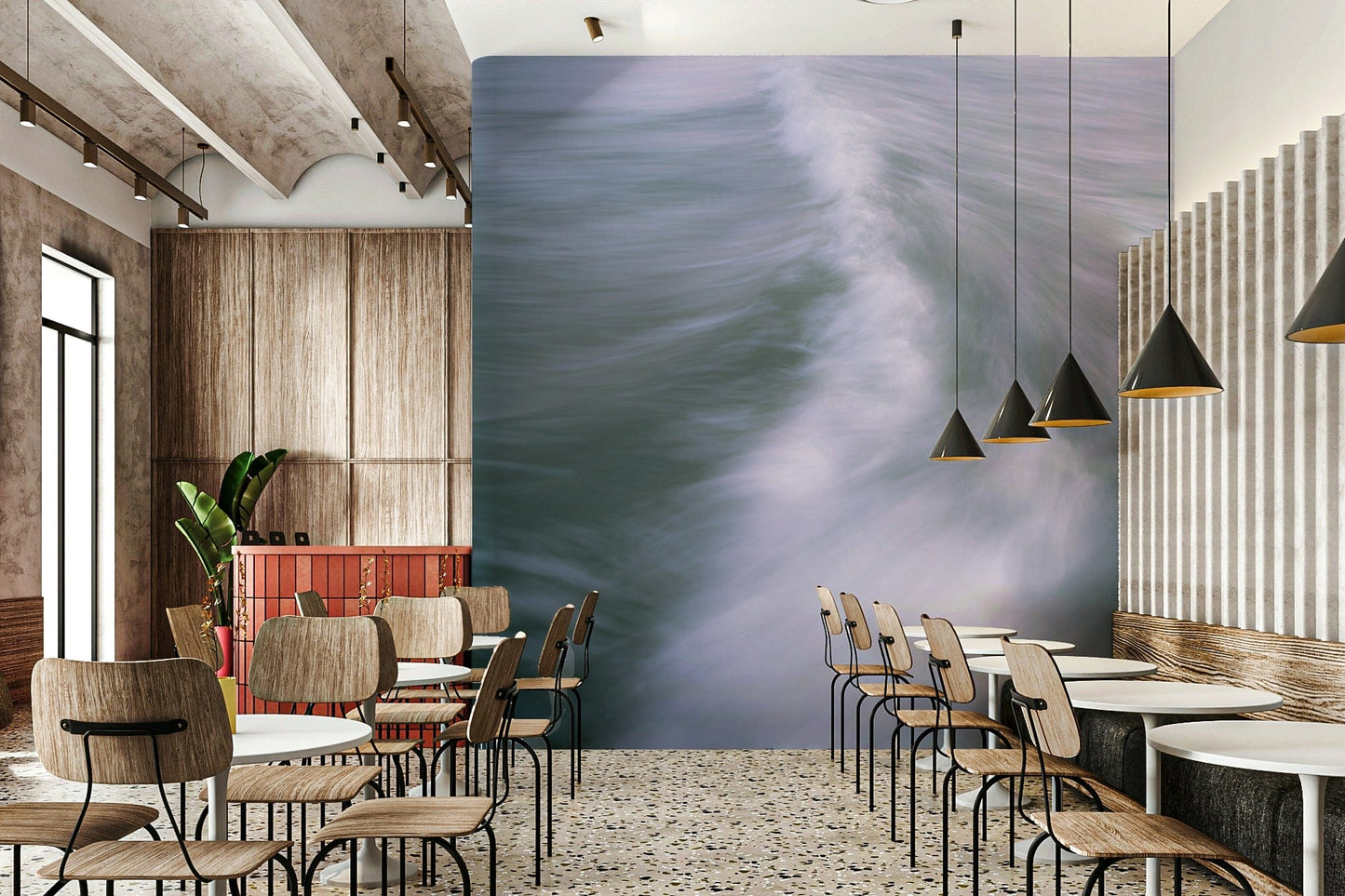 A bedroom with the wall mural behind the headboard.

