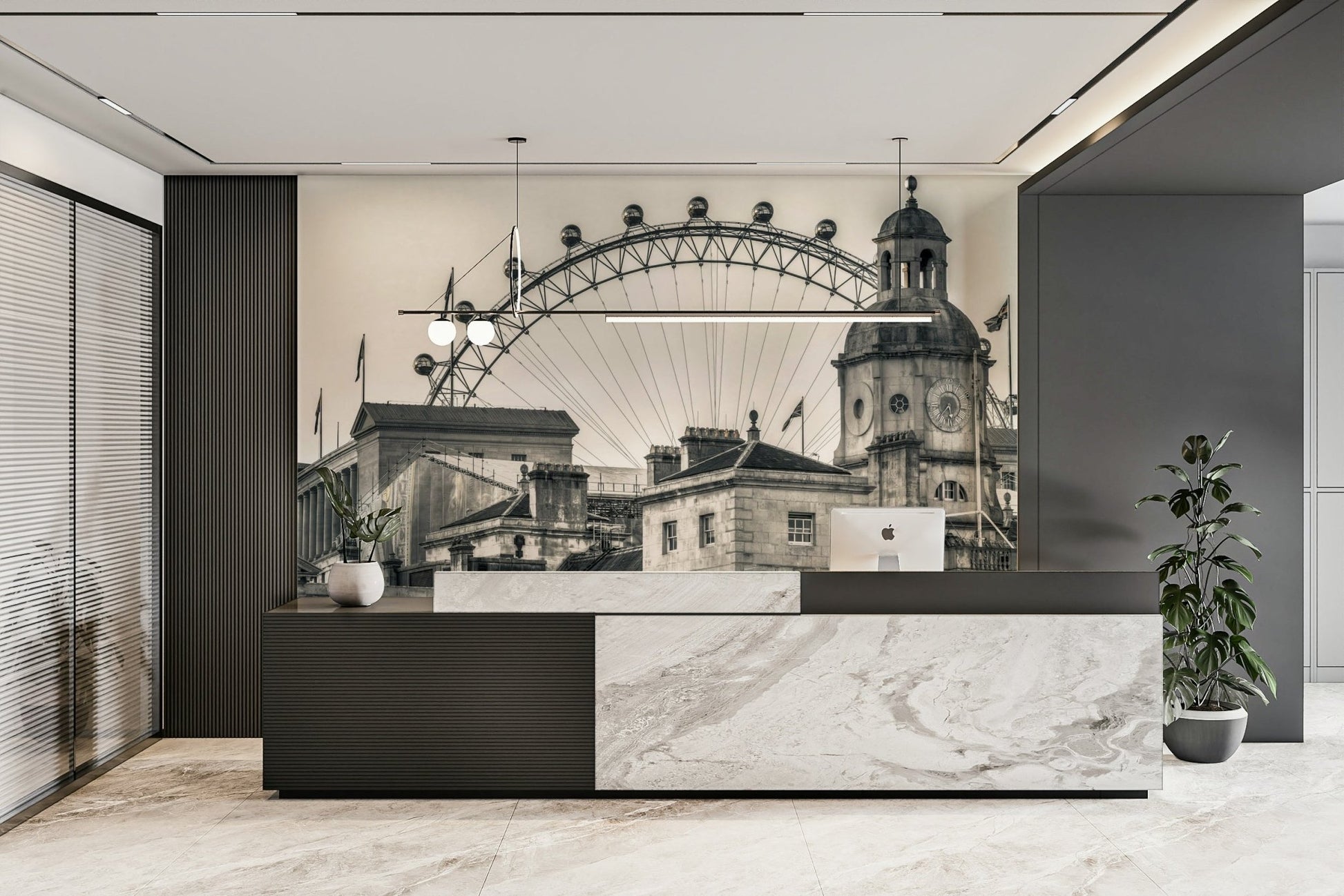 A black-and-white view of London’s Ferris wheel behind historic buildings.

