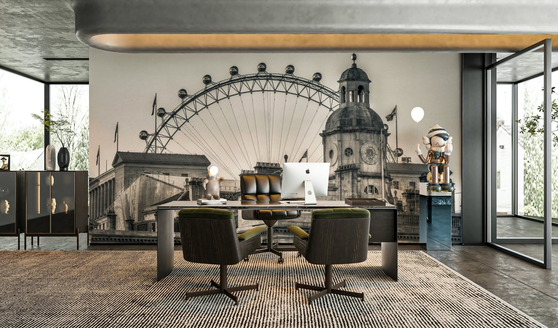 Cityscape mural showing classic architecture and the London Eye in the background.

