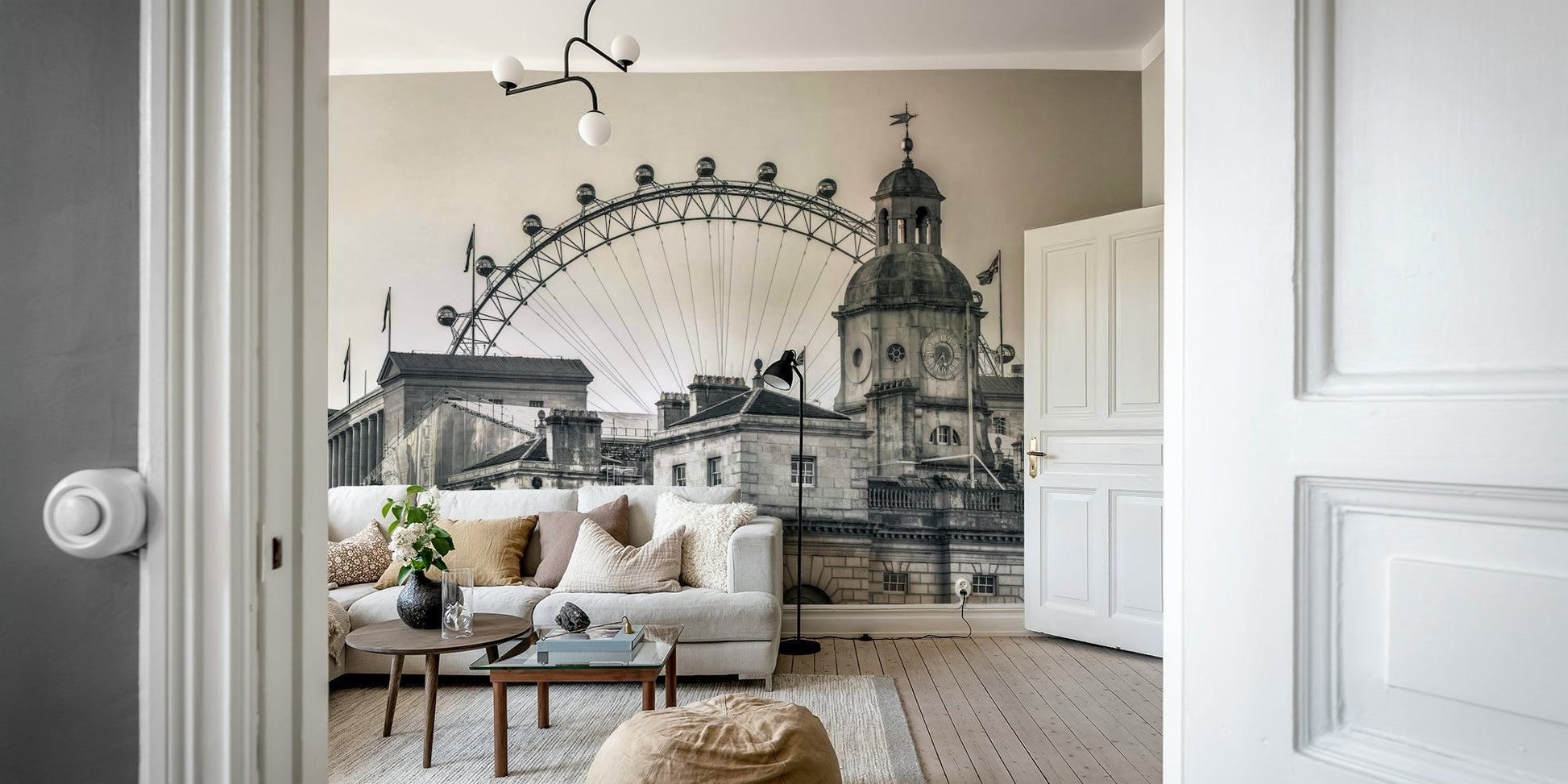 The Wheel Behind Wall Mural depicting London architecture with Ferris wheel.


