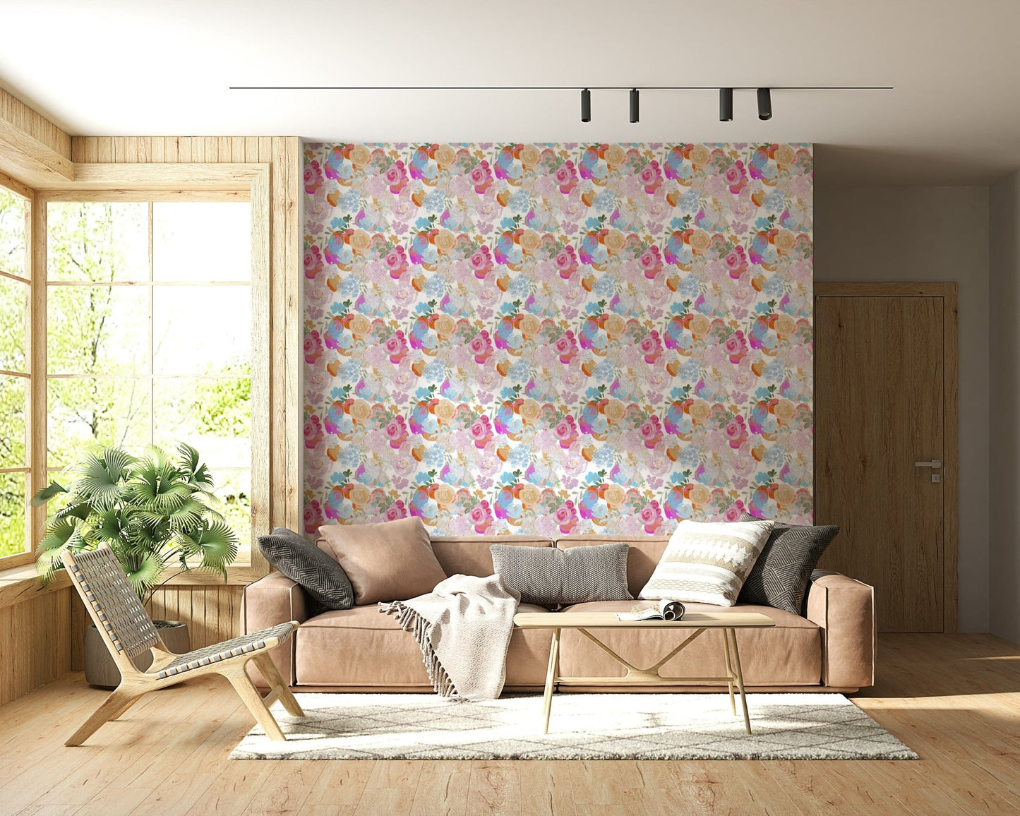 Spring-inspired floral wallpaper featuring bold magenta flowers in oil-painted texture.