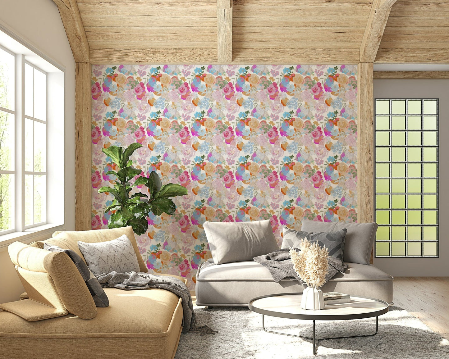 Magenta floral dream wallpaper with thick brushstroke details for a painterly wall effect.