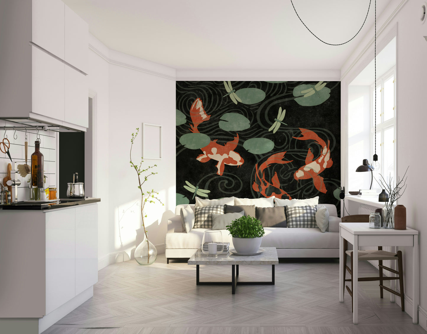 Lush koi pond wall mural for nature-inspired interiors.

