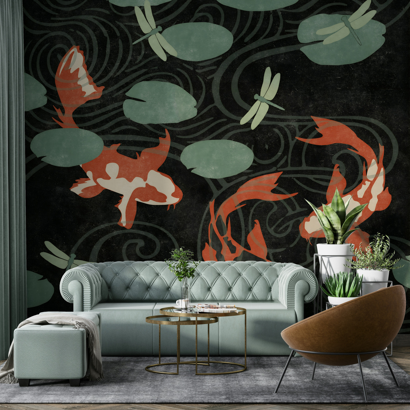 Elegant koi pond mural wallpaper for living spaces.

