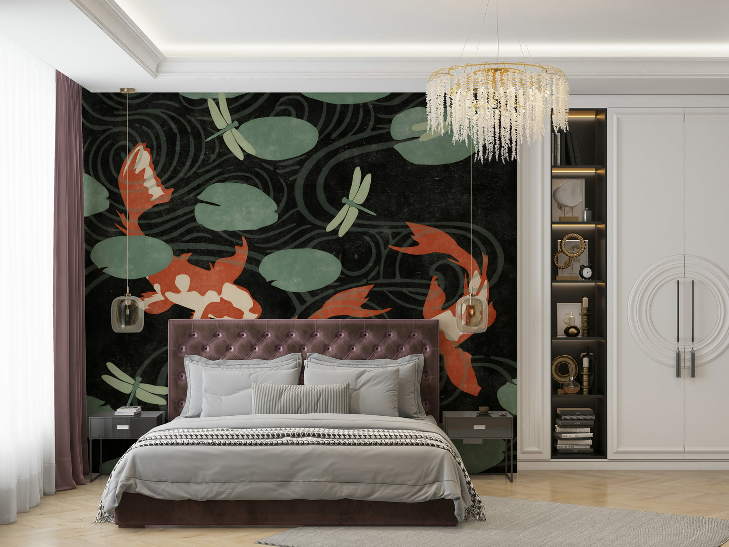 Three koi fish in a peaceful pond mural for a serene room.

