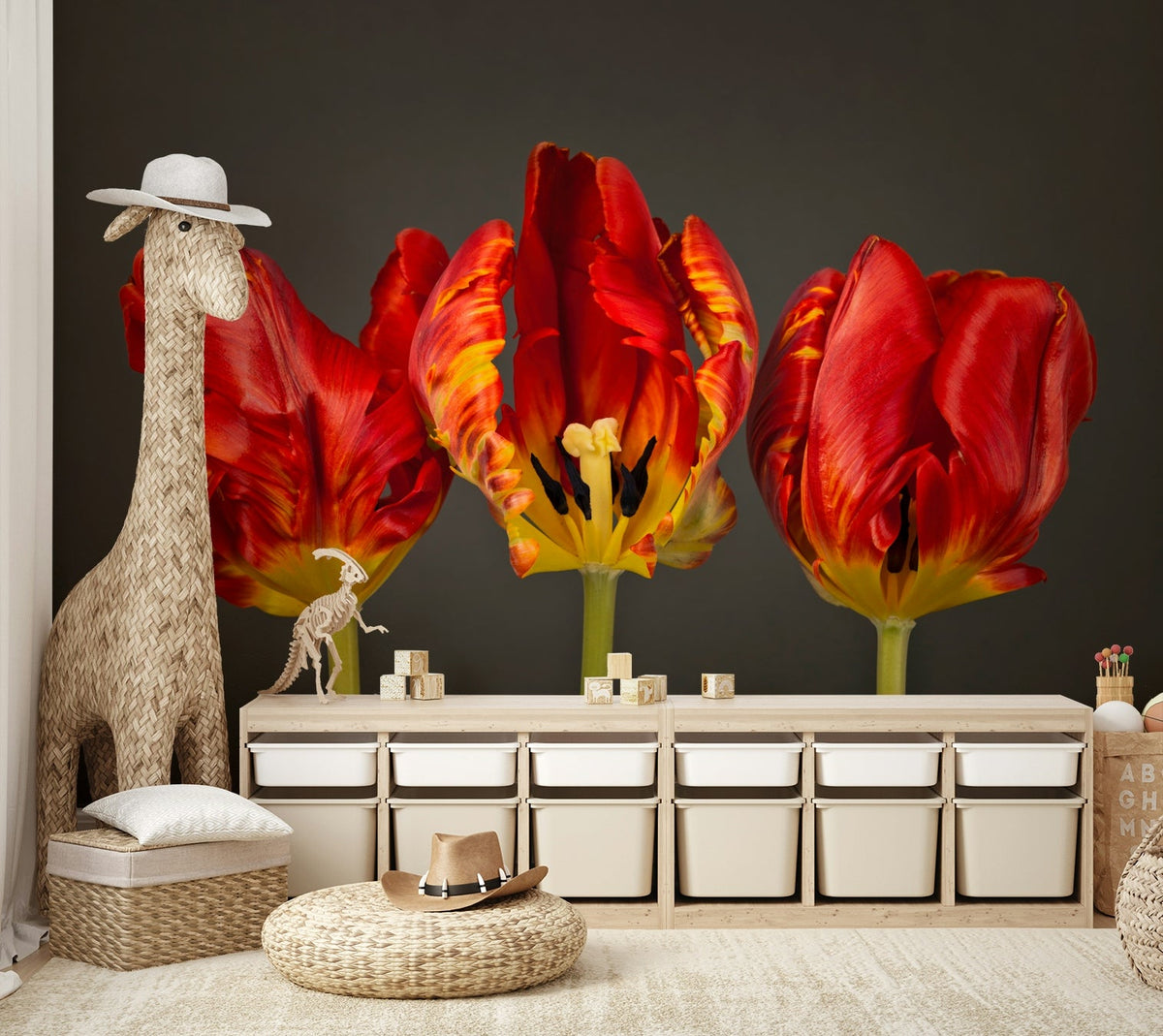 Three Rococo Tulips Wall Mural showcasing vibrant colors.

