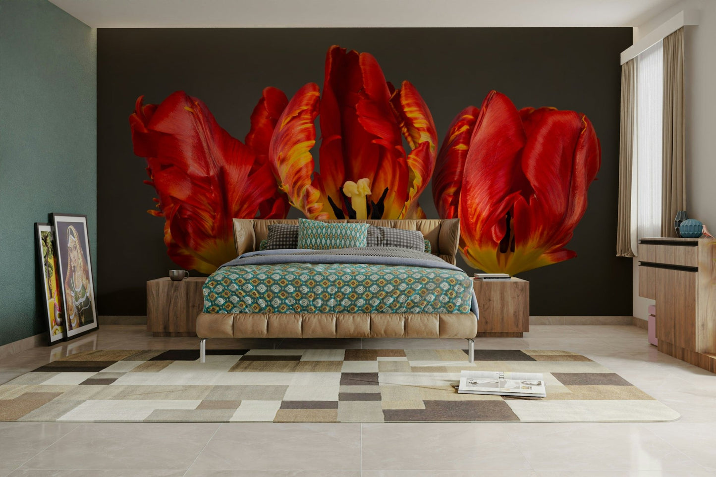Elegant wall mural with three colorful Rococo tulips.

