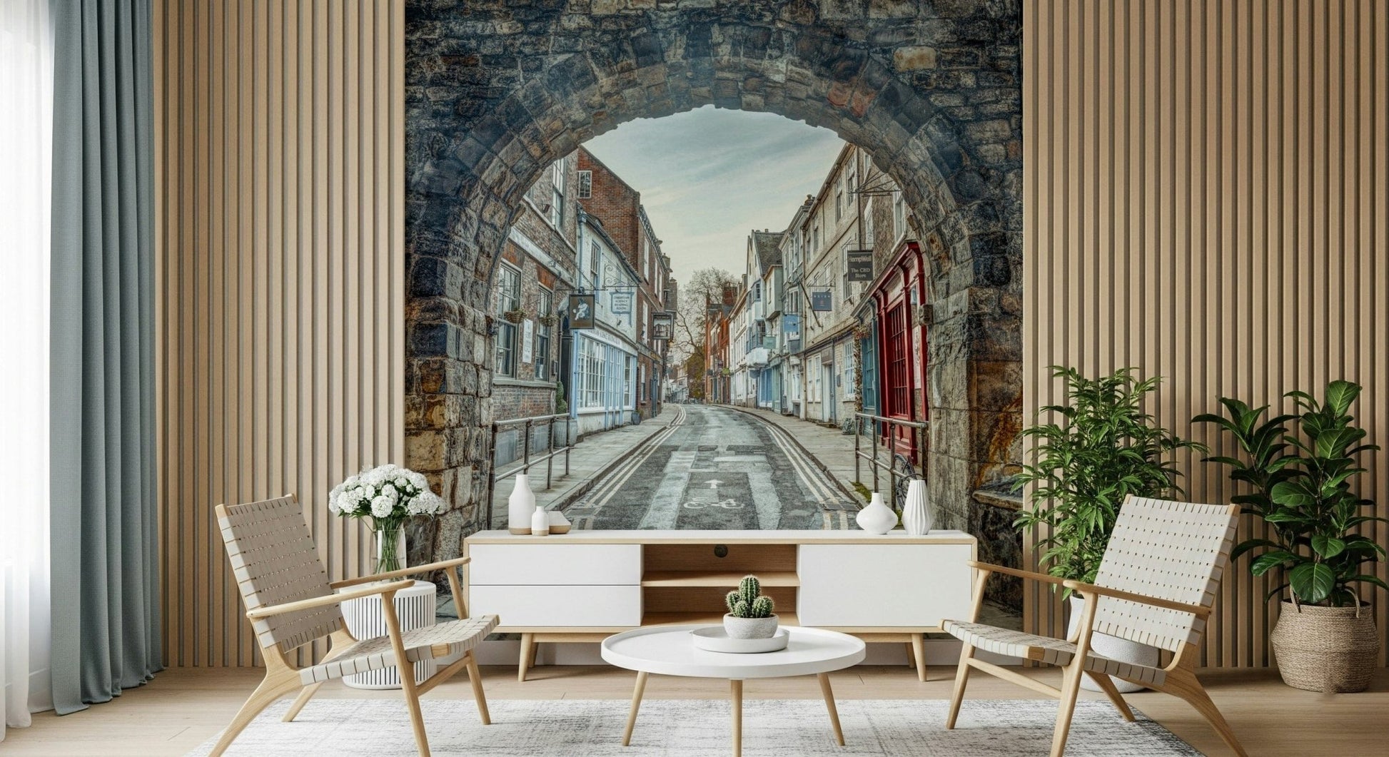 Beige stone arch design wall mural for hallway accent wall