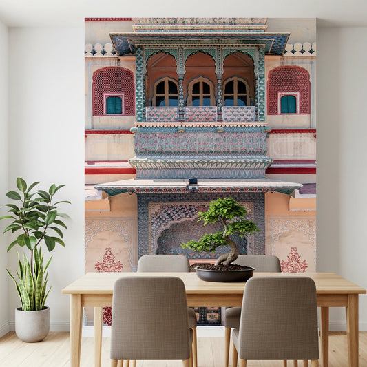 Timeless Facade wallpaper mural of the ornate facade above a pine dining table with a bonsai centrepiece