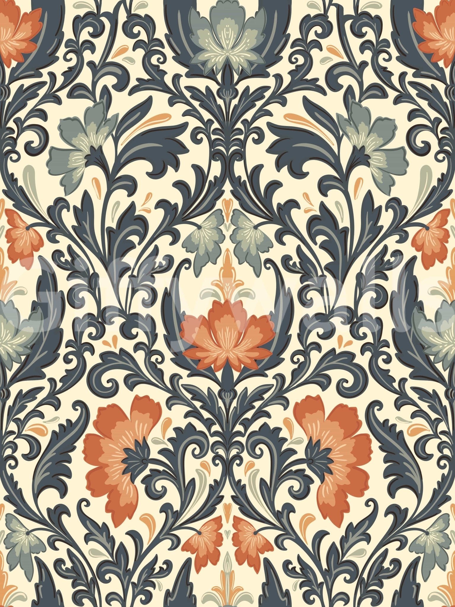 Custom wall covering, Timeless Floral Opulence product, dramatic color palette.