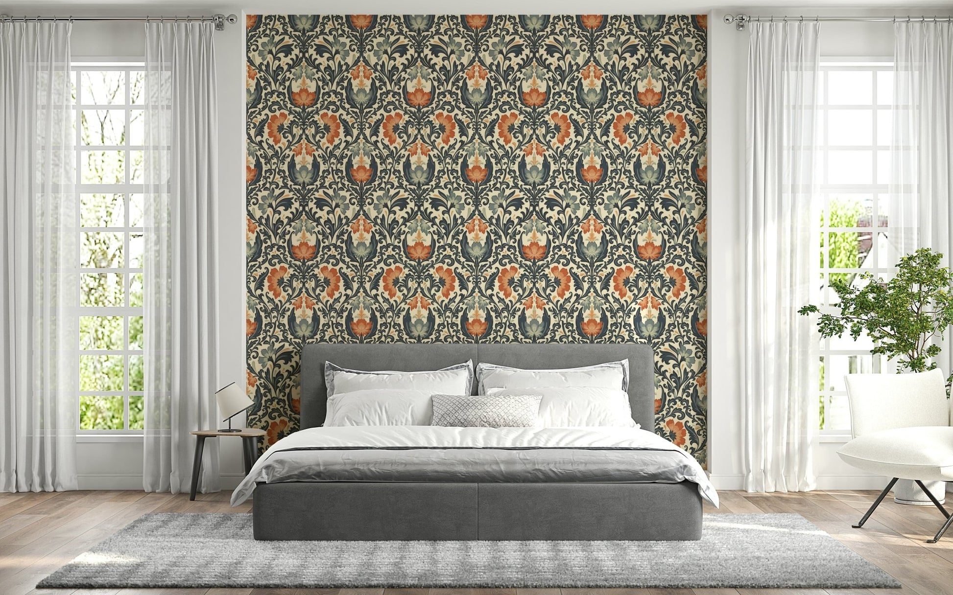 Grandeur scrollwork wall mural, sophisticated floral pattern, Timeless Floral.