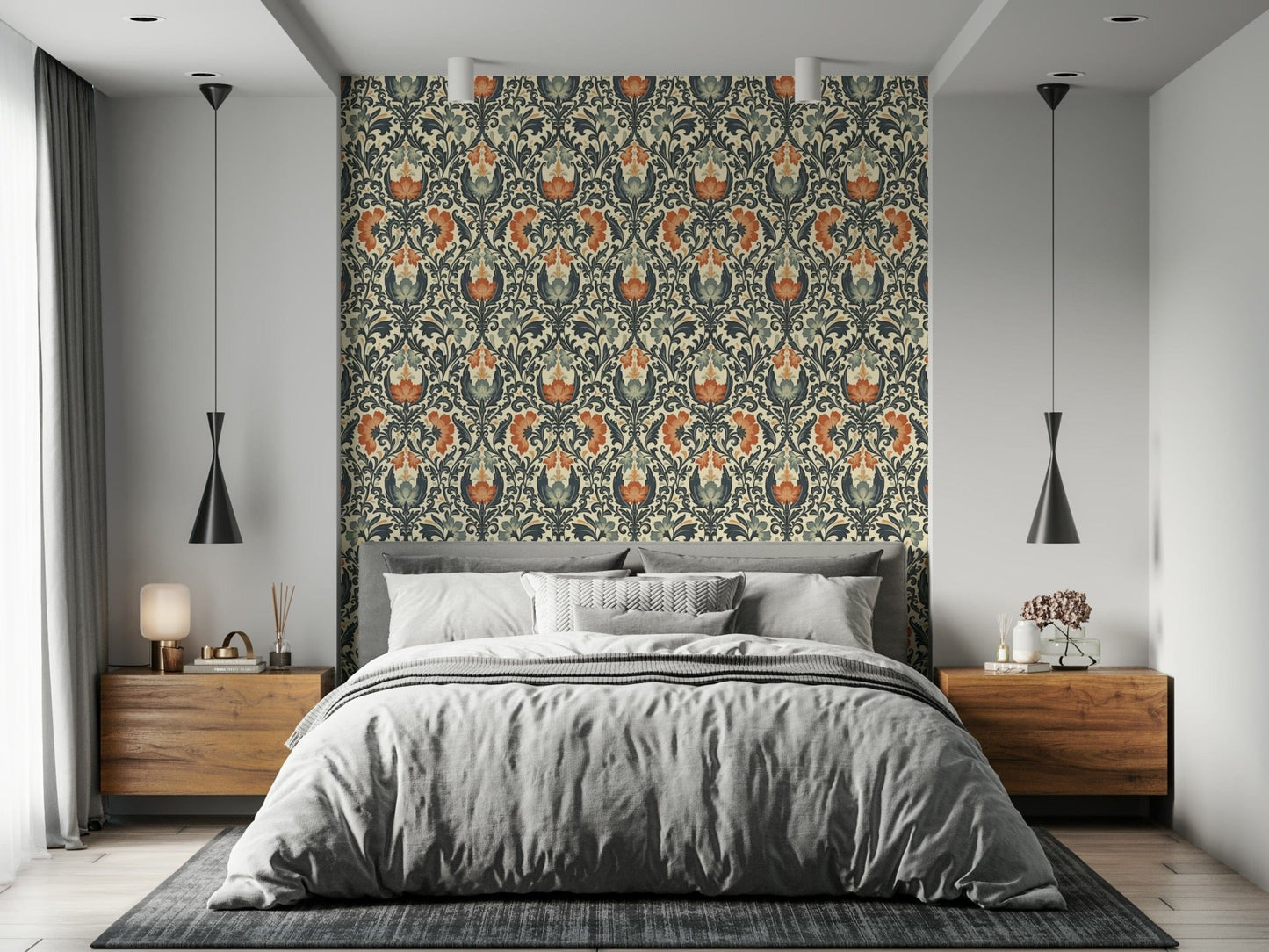 Classic ornamental wall mural, dense foliage pattern, vibrant flower shapes.