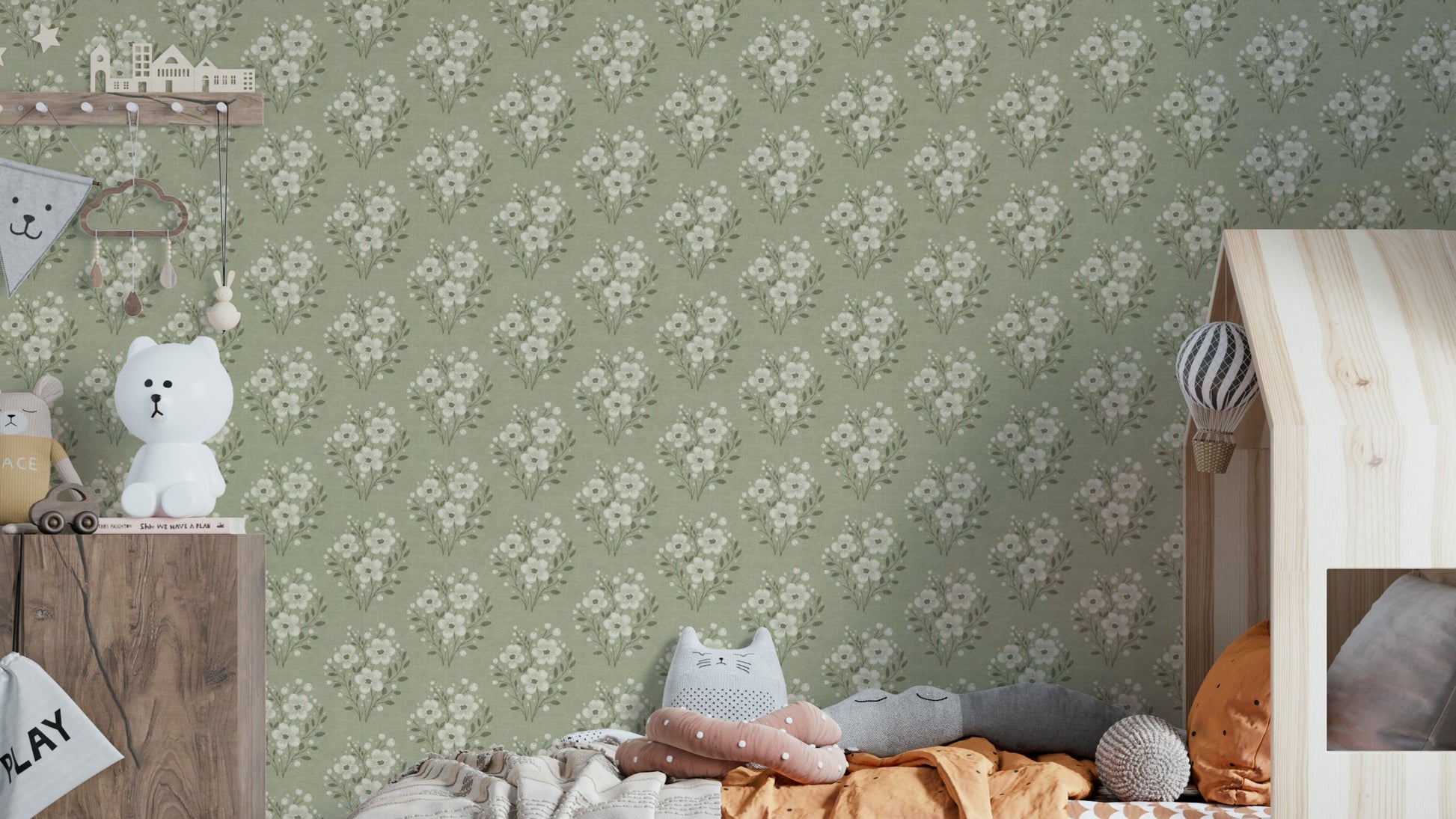 Sage green wallpaper with vintage floral bouquets

