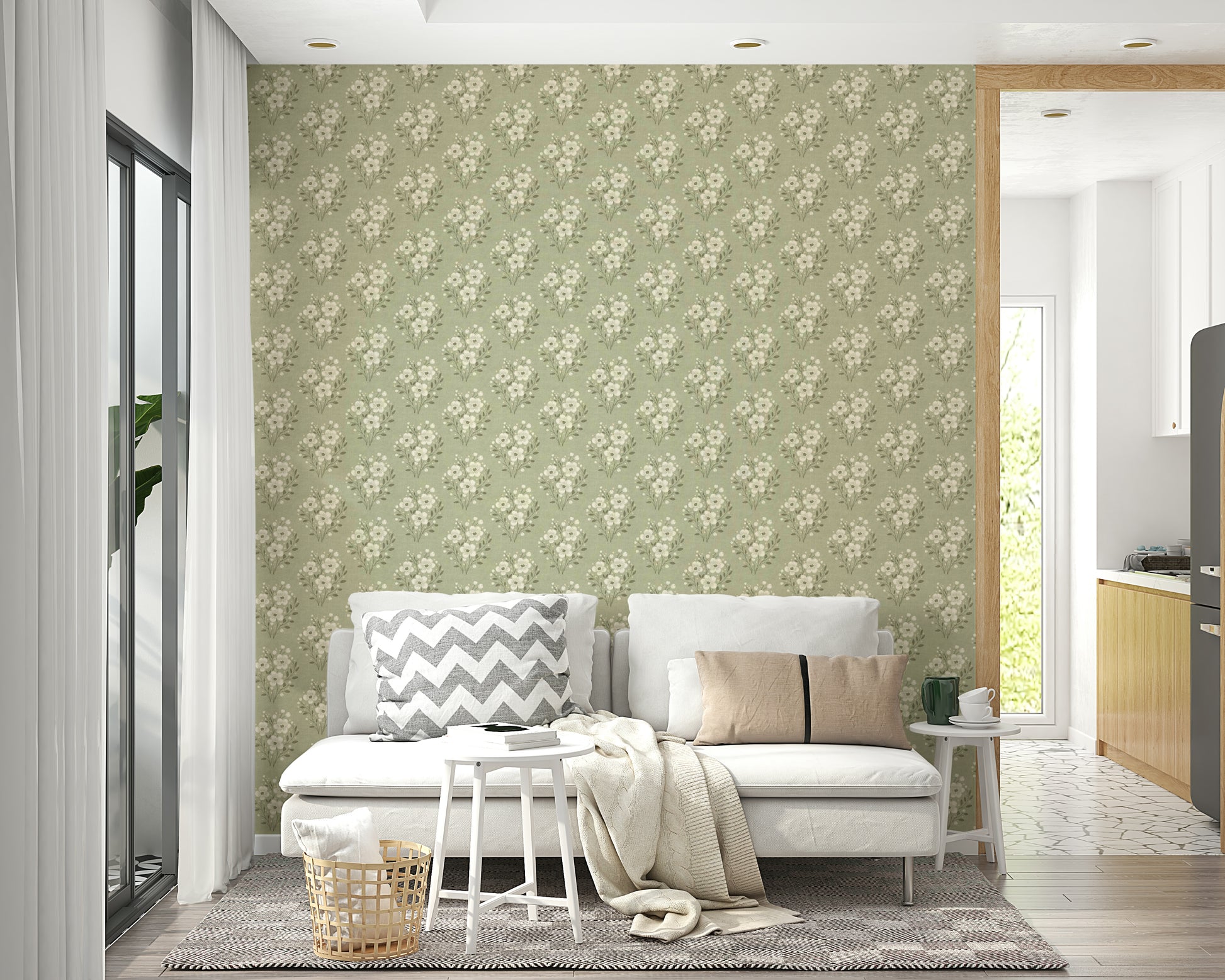 Classic floral bouquet pattern on green wallpaper

