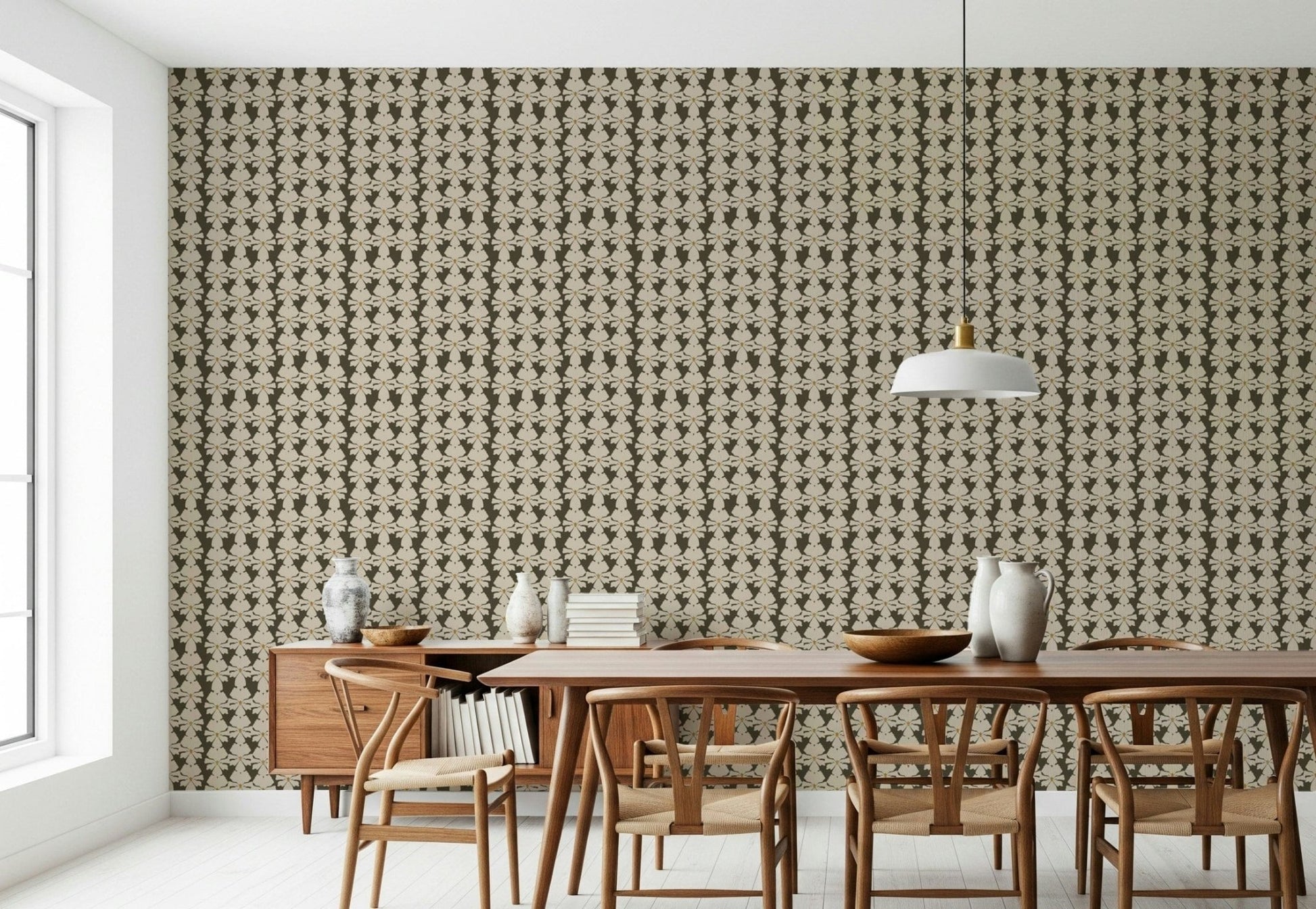 Allover cream blossom wallpaper on rich olive ground