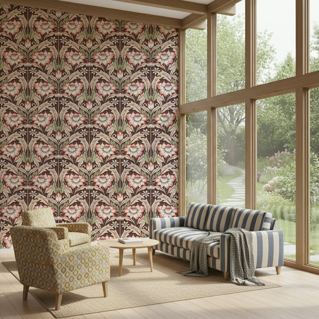 Timeless Garden Rustic Red wallpaper with burgundy damask behind a blue striped sofa and yellow armchair in a garden sunroom