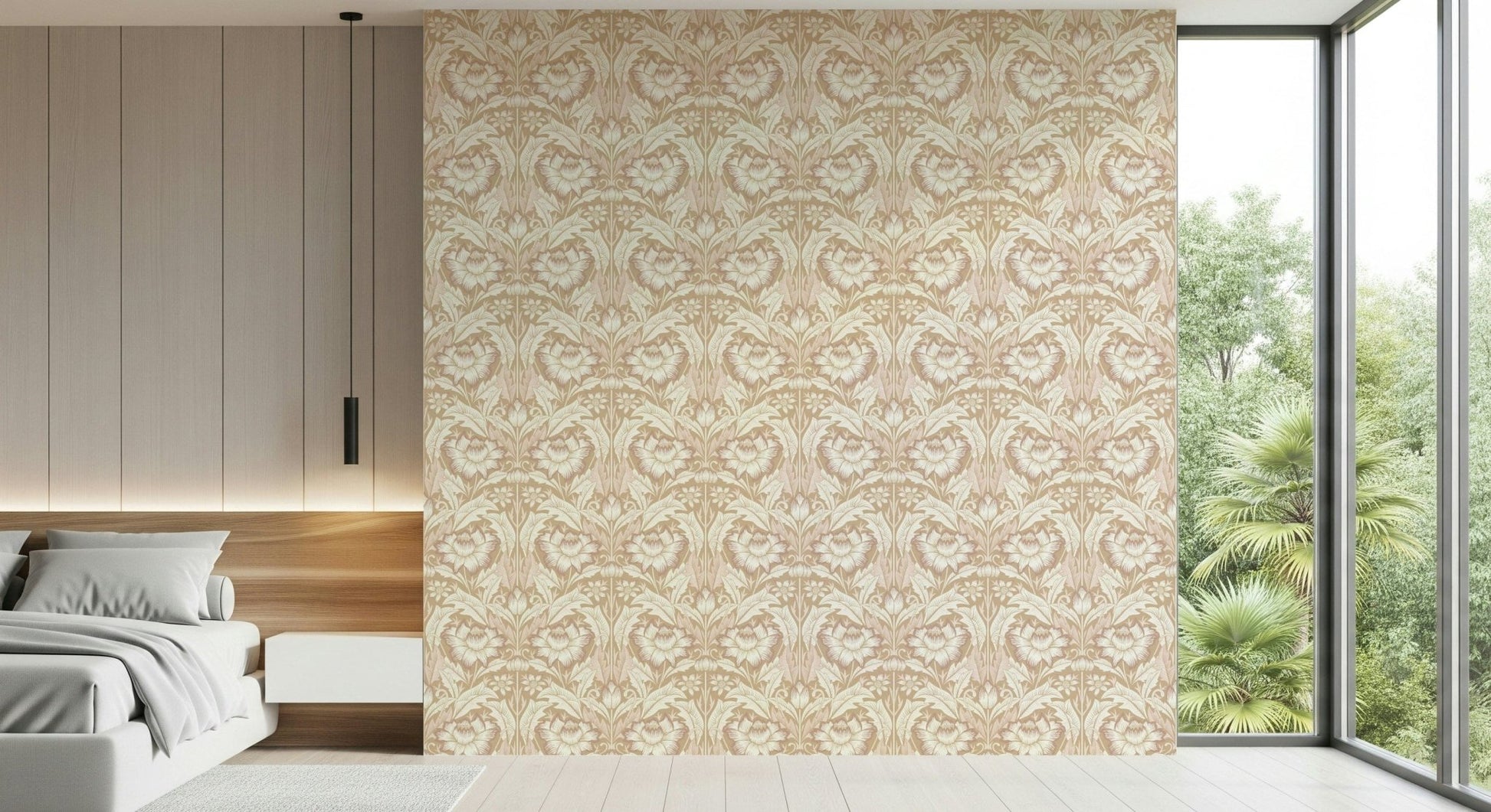 Charming sand beige wall mural with classic botanical vines and blossoms.