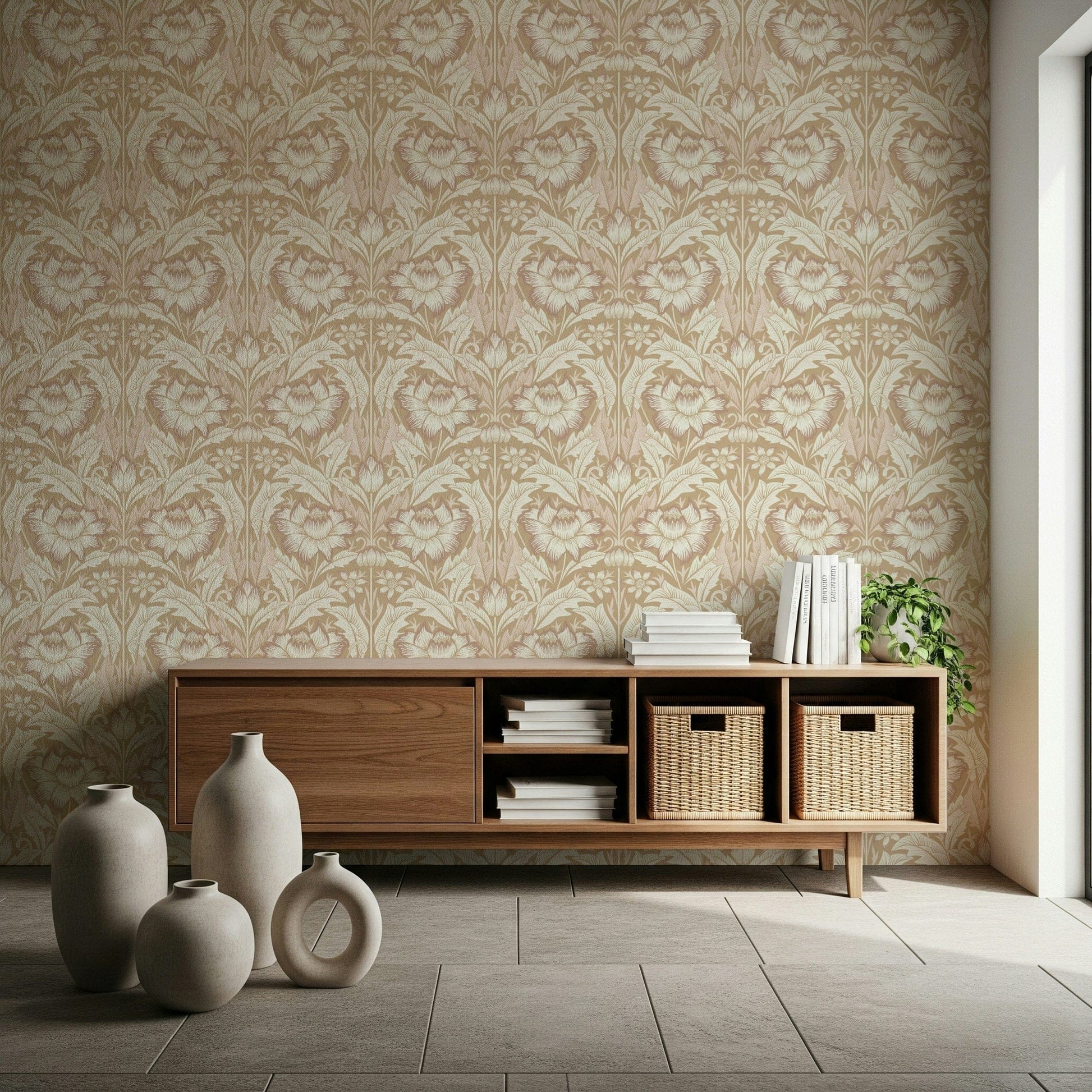 Classic botanical wallpaper in muted beige shades, perfect for a serene interior look.