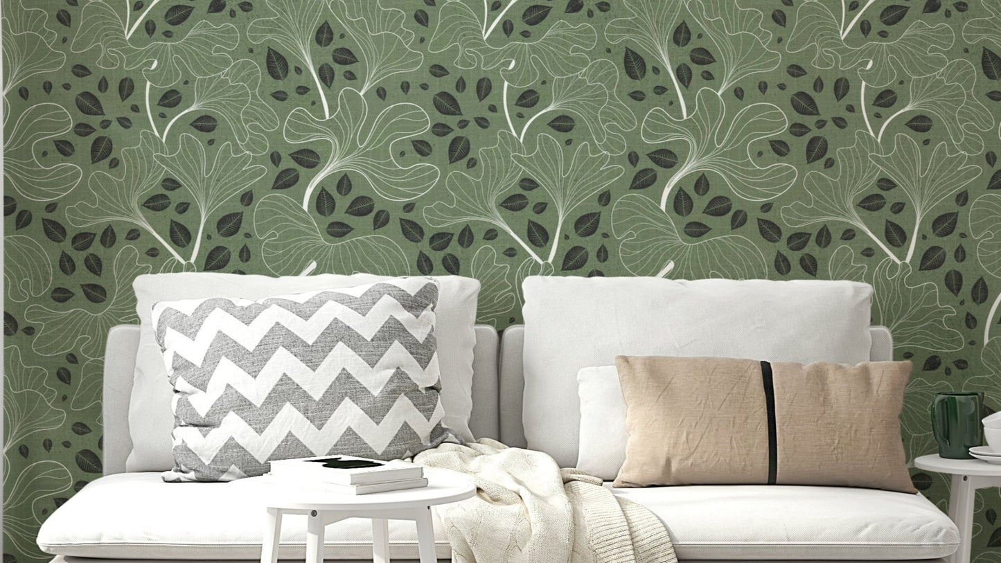 Timeless Ginkgo Garden Green and White Wallpaper.

