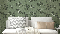 Timeless Ginkgo Garden Green and White Wallpaper.

