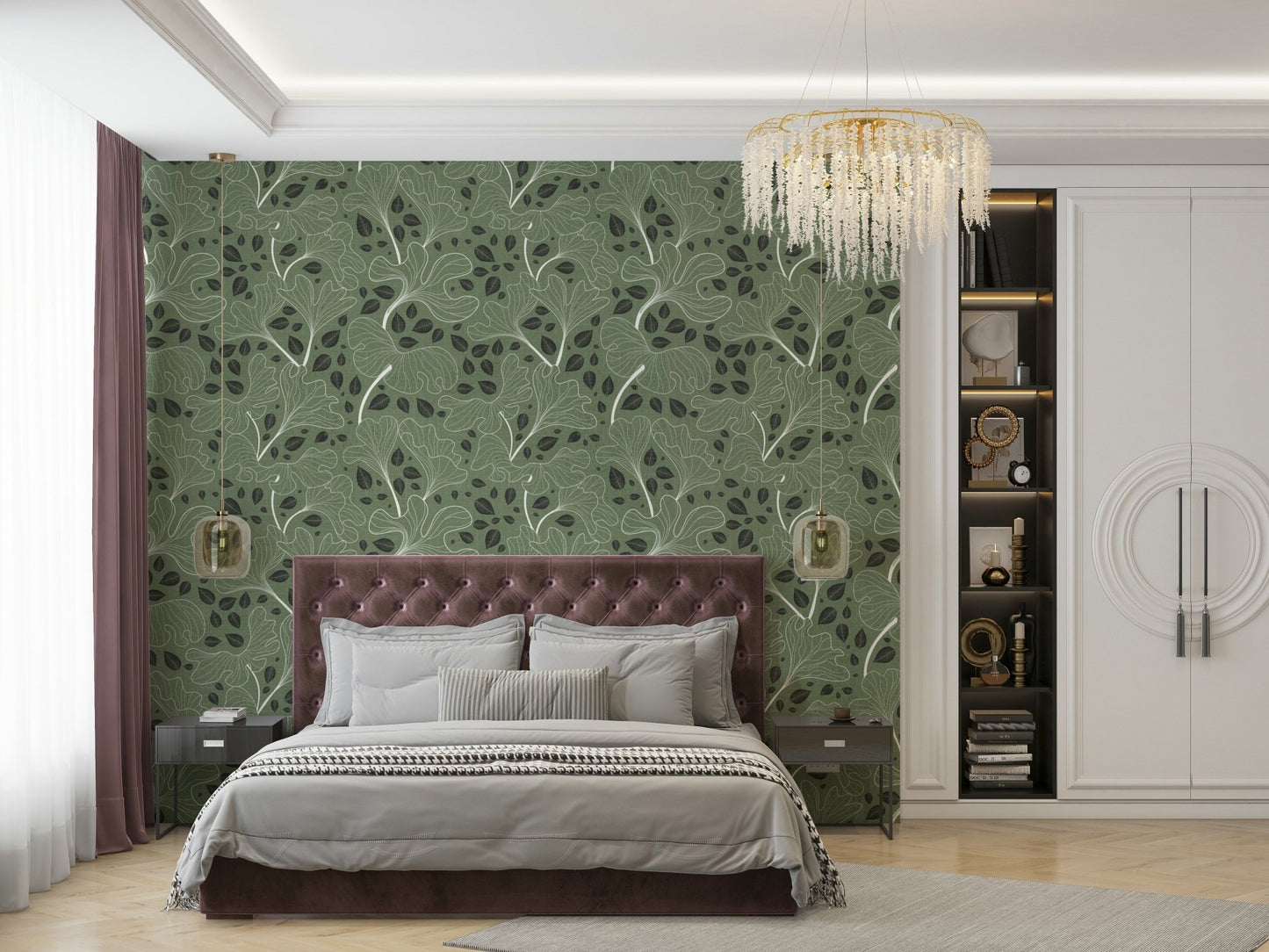 Wallpaper with a pattern of ginkgo leaves.

