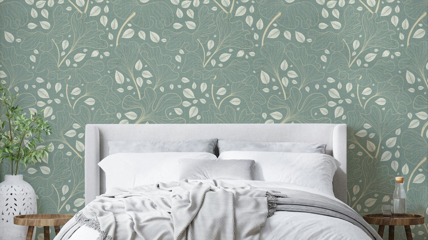 Timeless Ginkgo Garden Pearl and Blue Wallpaper.

