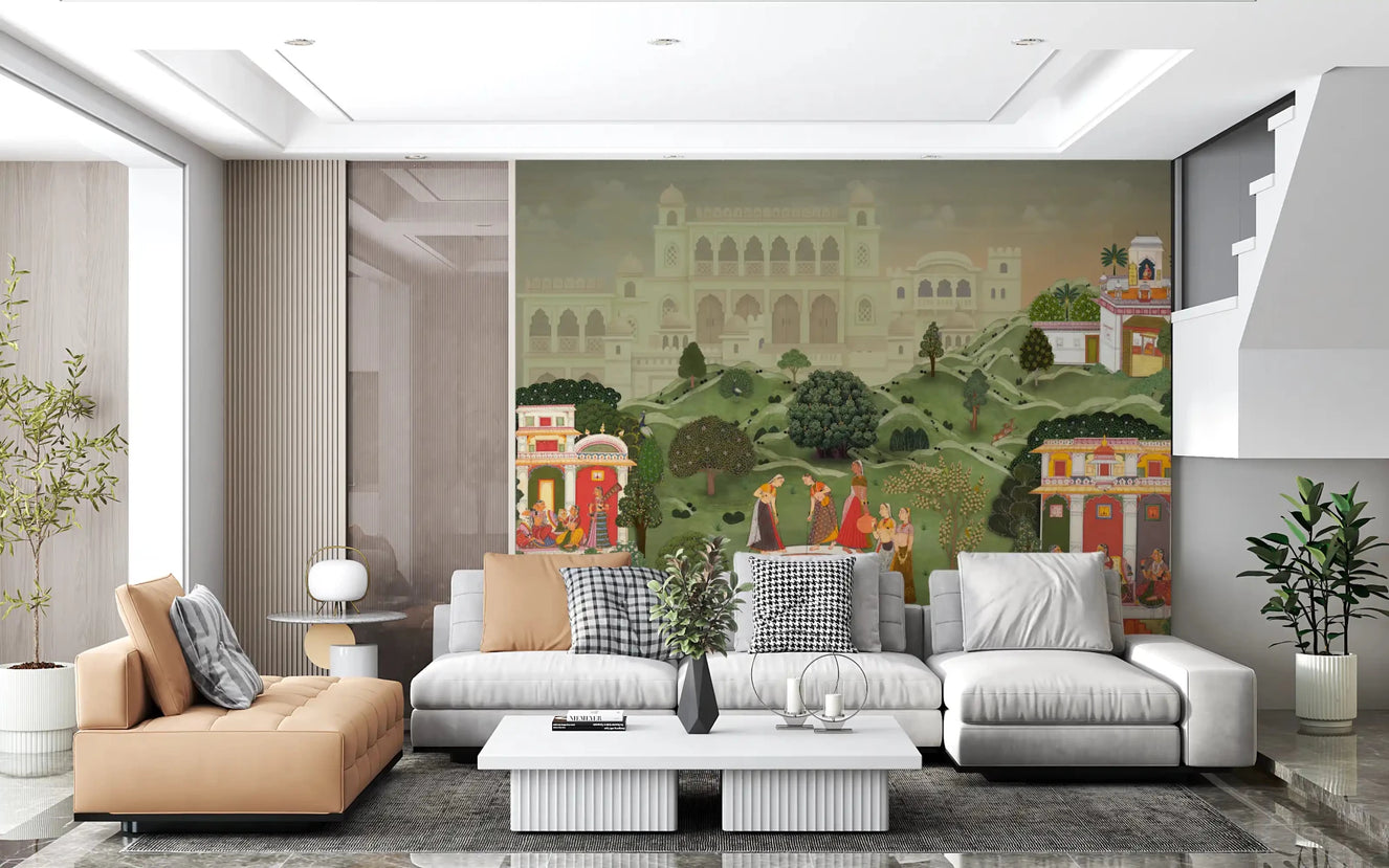 Elegant Indian palace garden wall mural in a luxurious living room setting.