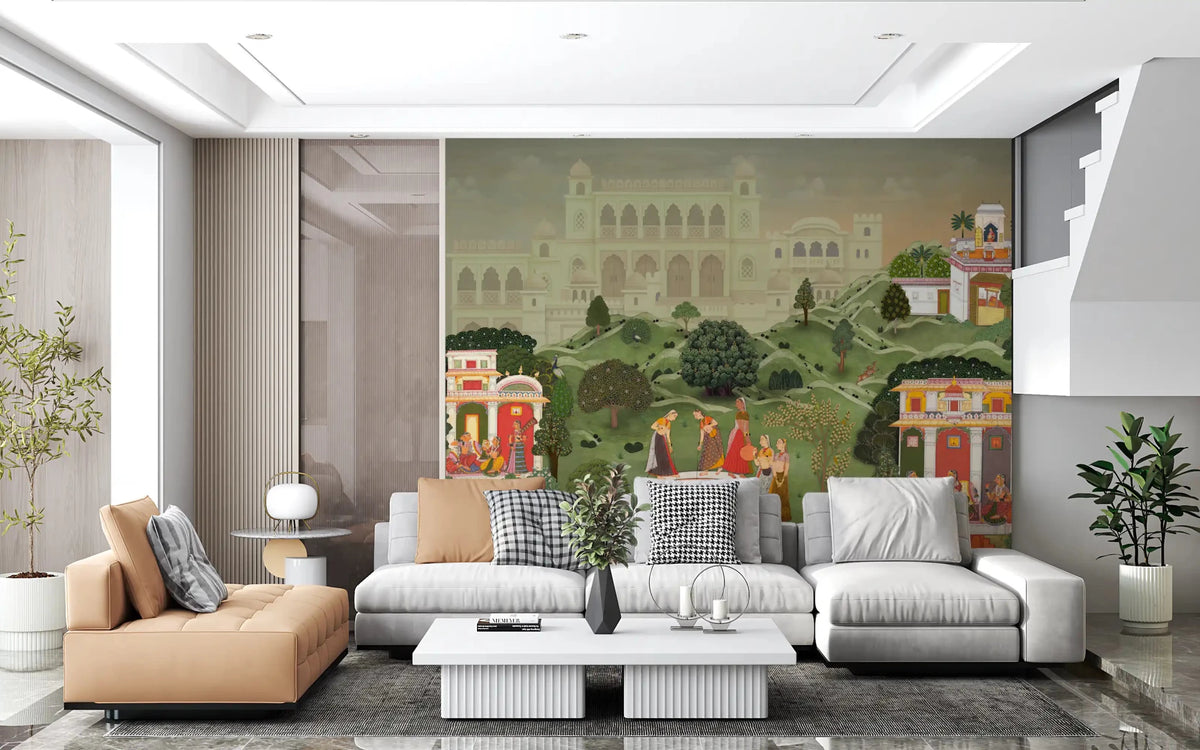 Elegant Indian palace garden wall mural in a luxurious living room setting.