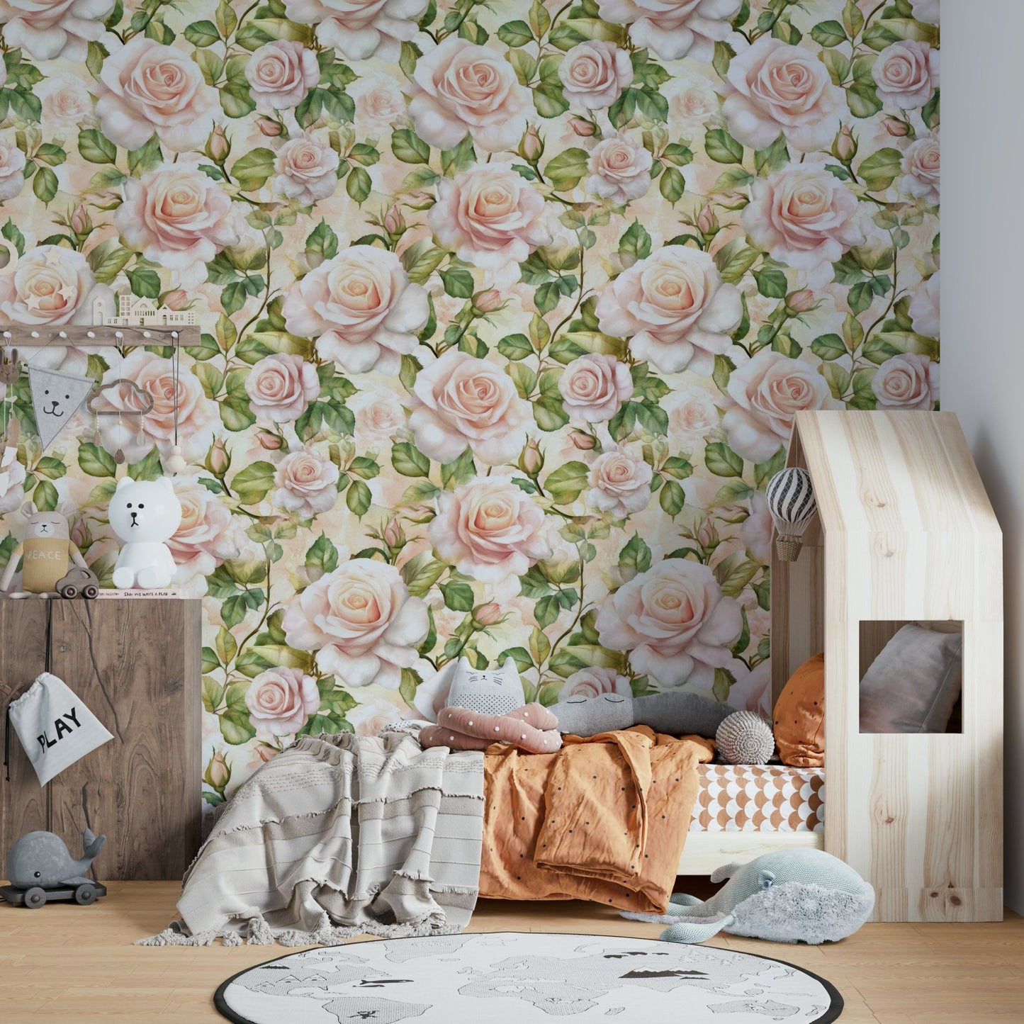 Full bloom roses on wallpaper for a romantic and elegant room.

