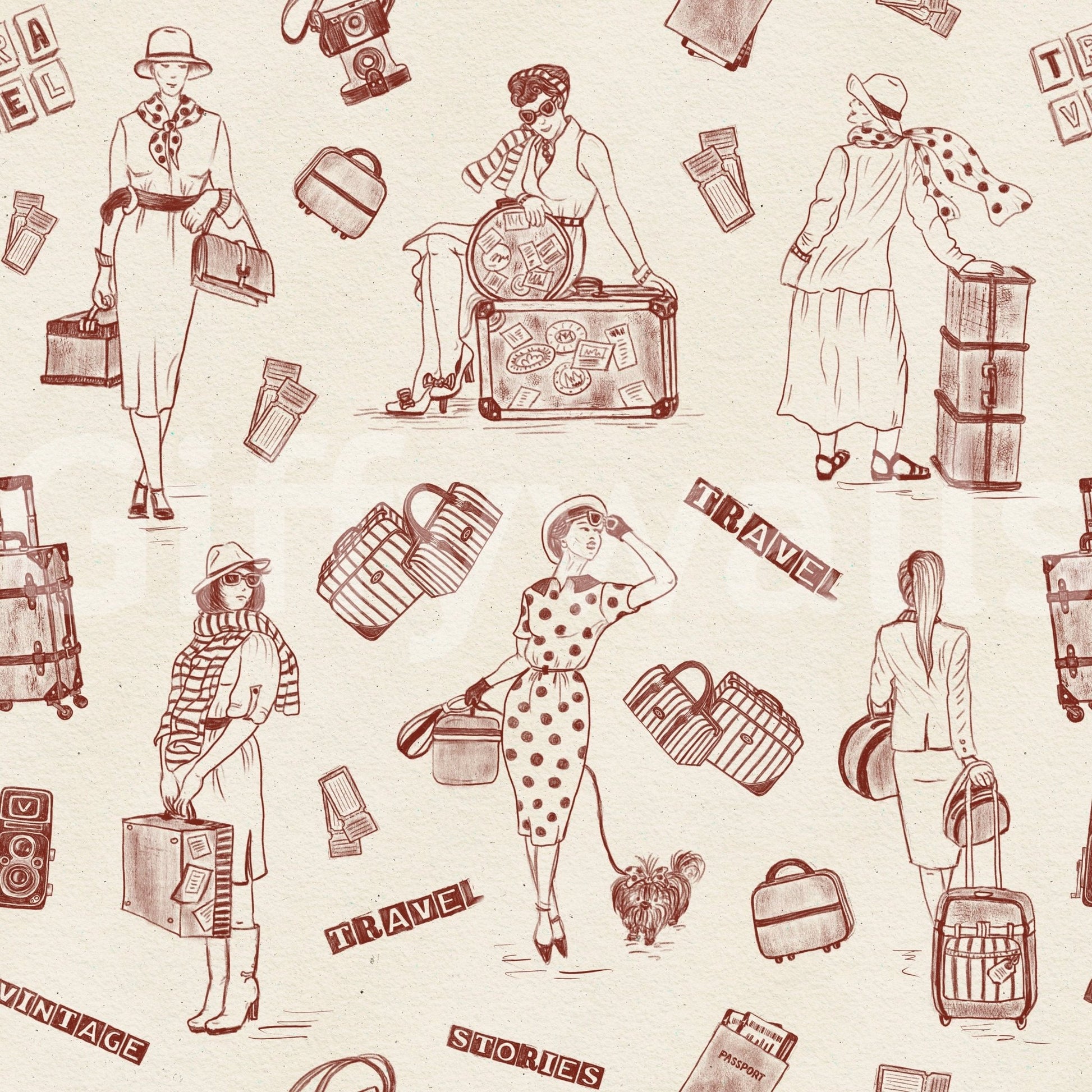 Whimsical wallpaper mural featuring illustrated tale-inspired motifs and classic patterns.