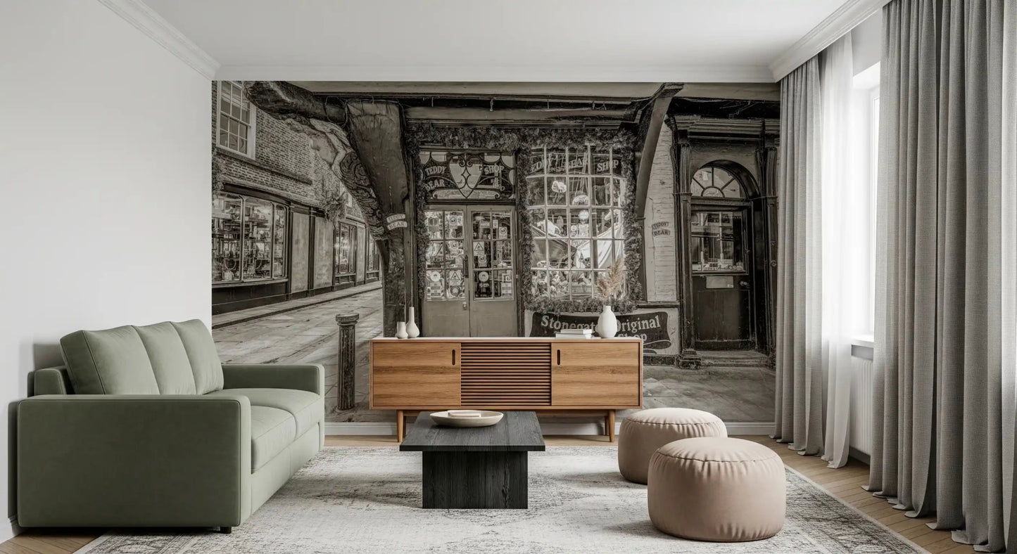 Monochrome city street style Timeless Toy Storefront Wall Mural