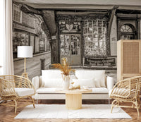 Rustic stone pavement and Timeless Toy Storefront Wall Mural art