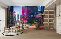 The mural extends across the entire wall, creating a dynamic backdrop.

