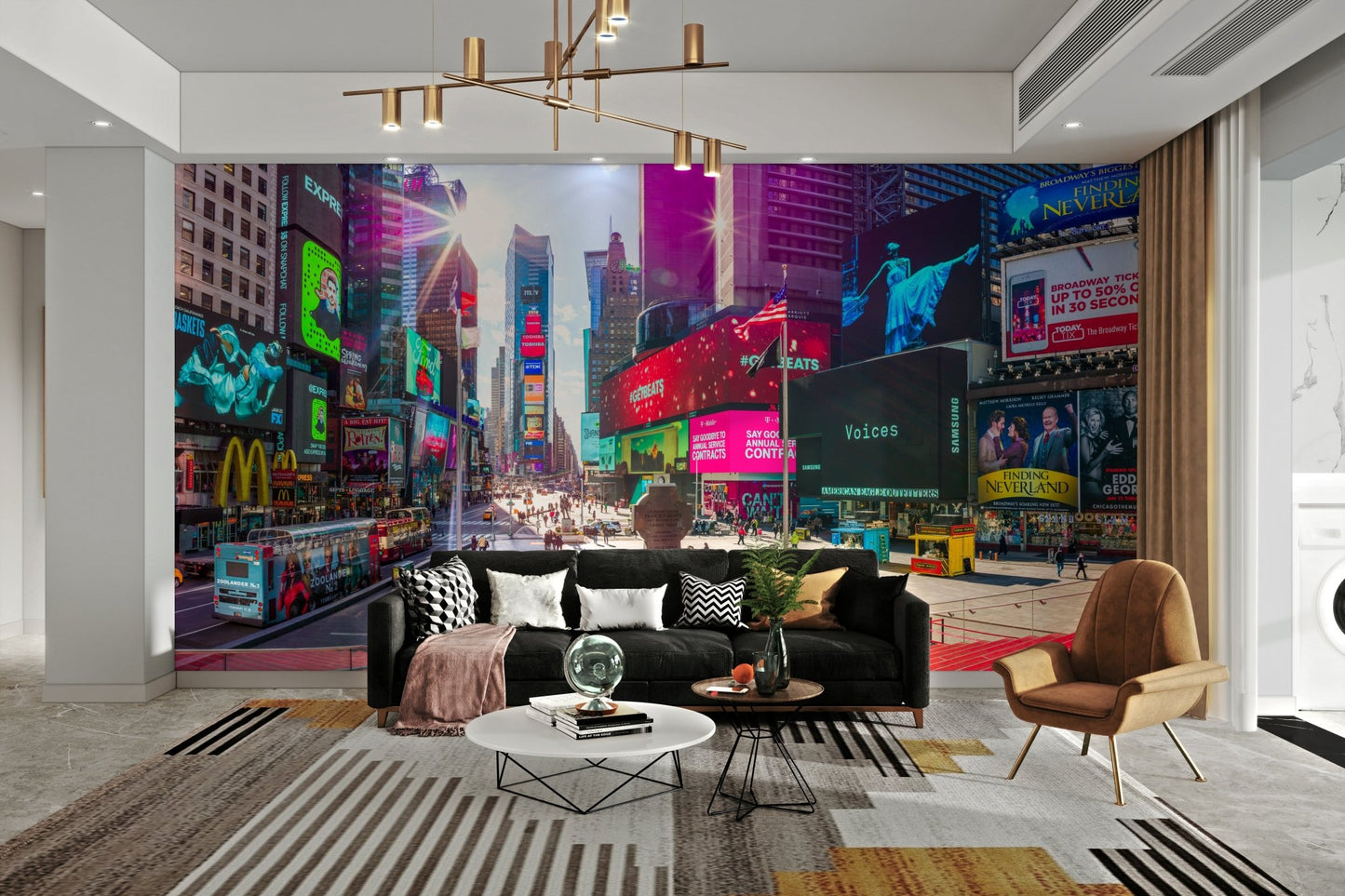 The image shows the iconic billboards and lights of Times Square.

