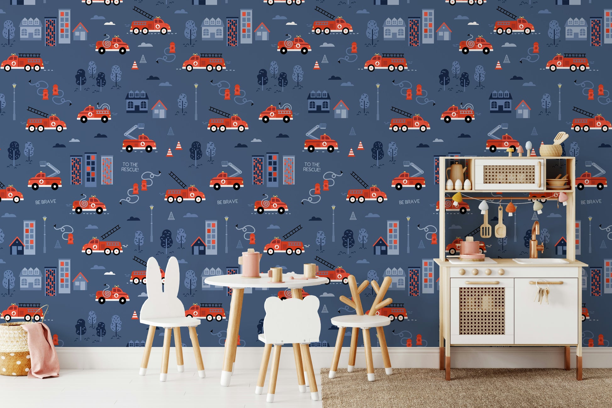 Bold wallpaper with ladders and trucks

