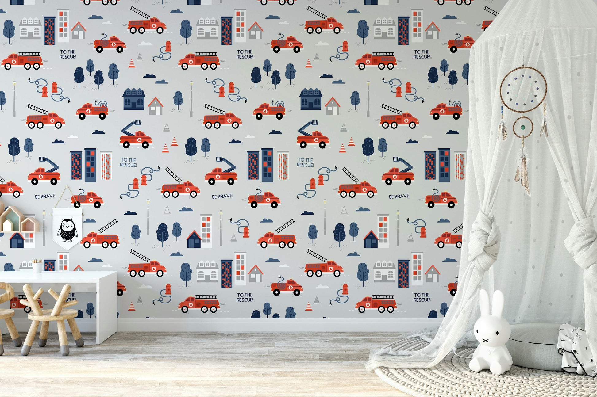 Emergency vehicle wall mural for children’s room