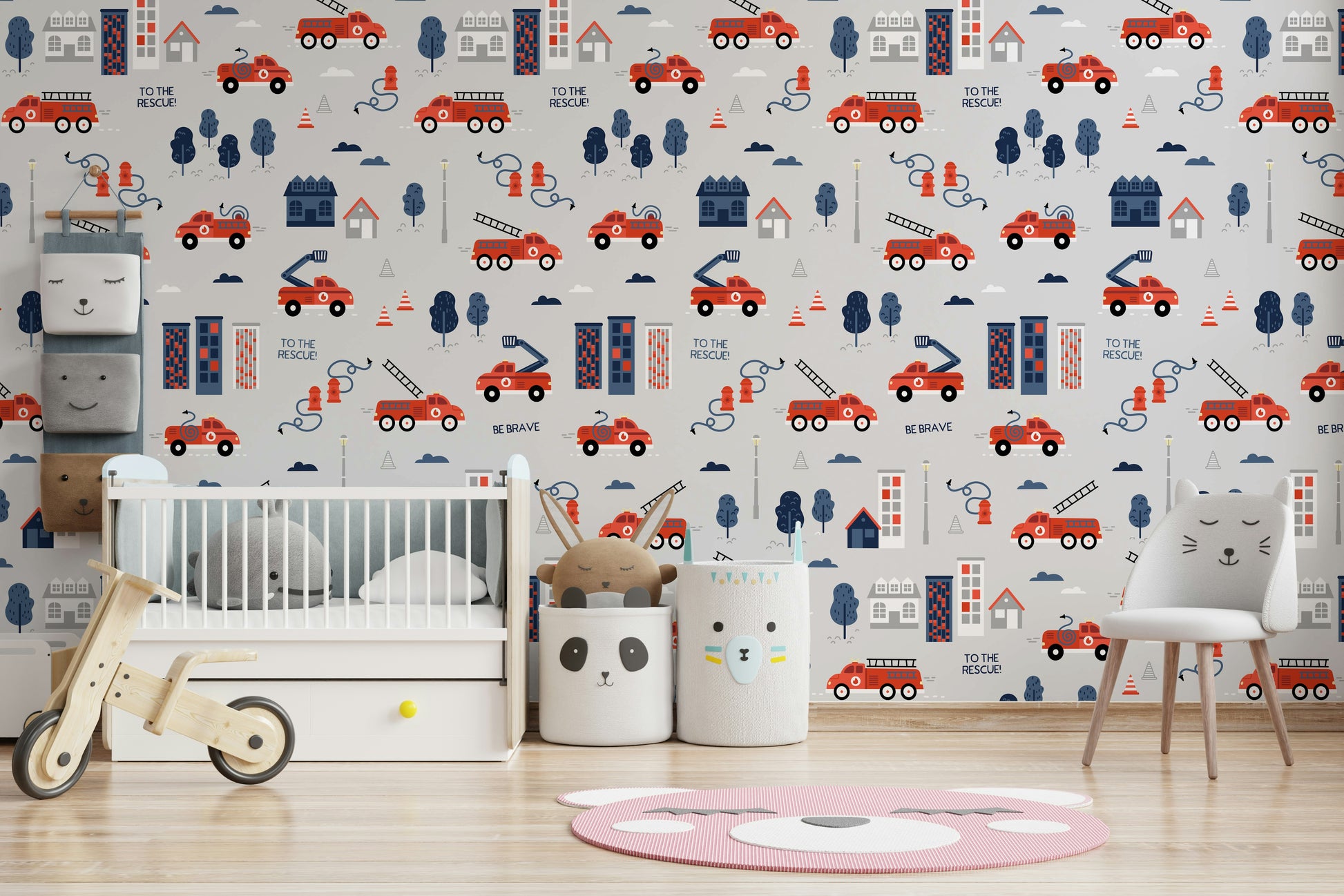 Grey kids wallpaper featuring emergency vehicles and cityscape