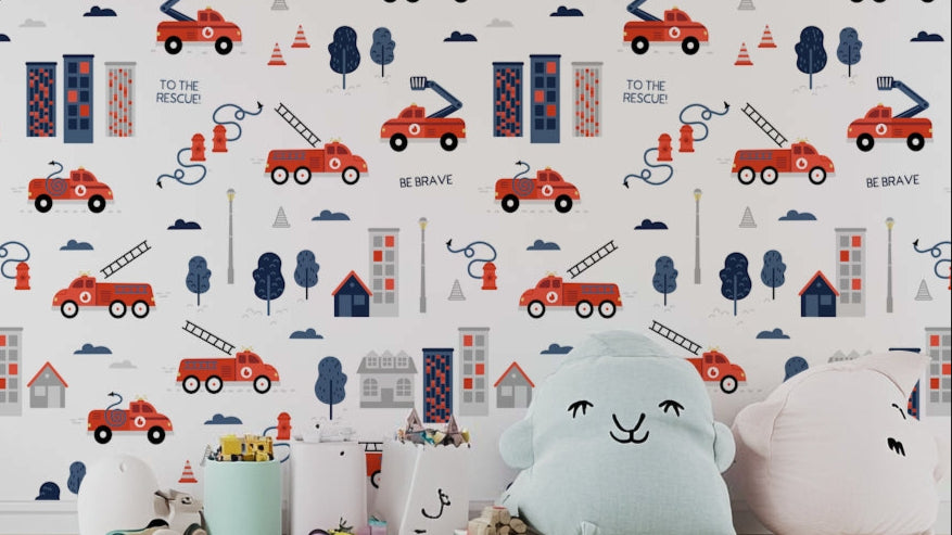 Red fire truck wallpaper for kids' room

