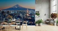 Tokyo Twilight Wall Mural behind TV wall, crisp skyline detail