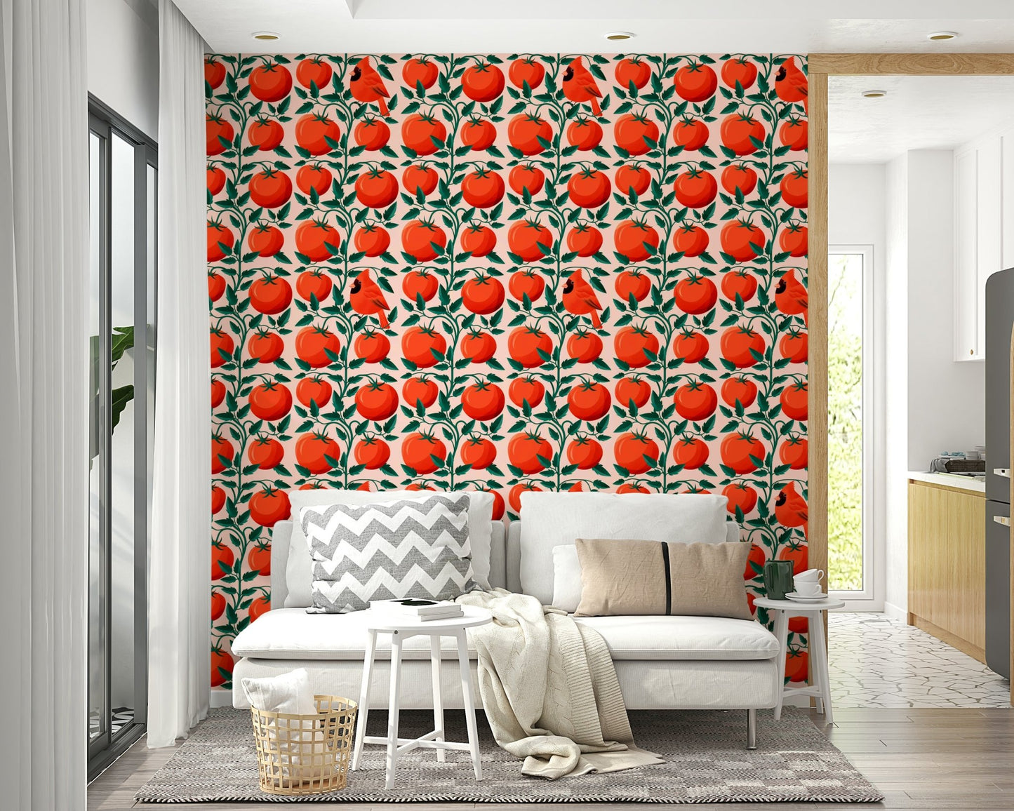 Nature-themed wall mural with tomatoes

