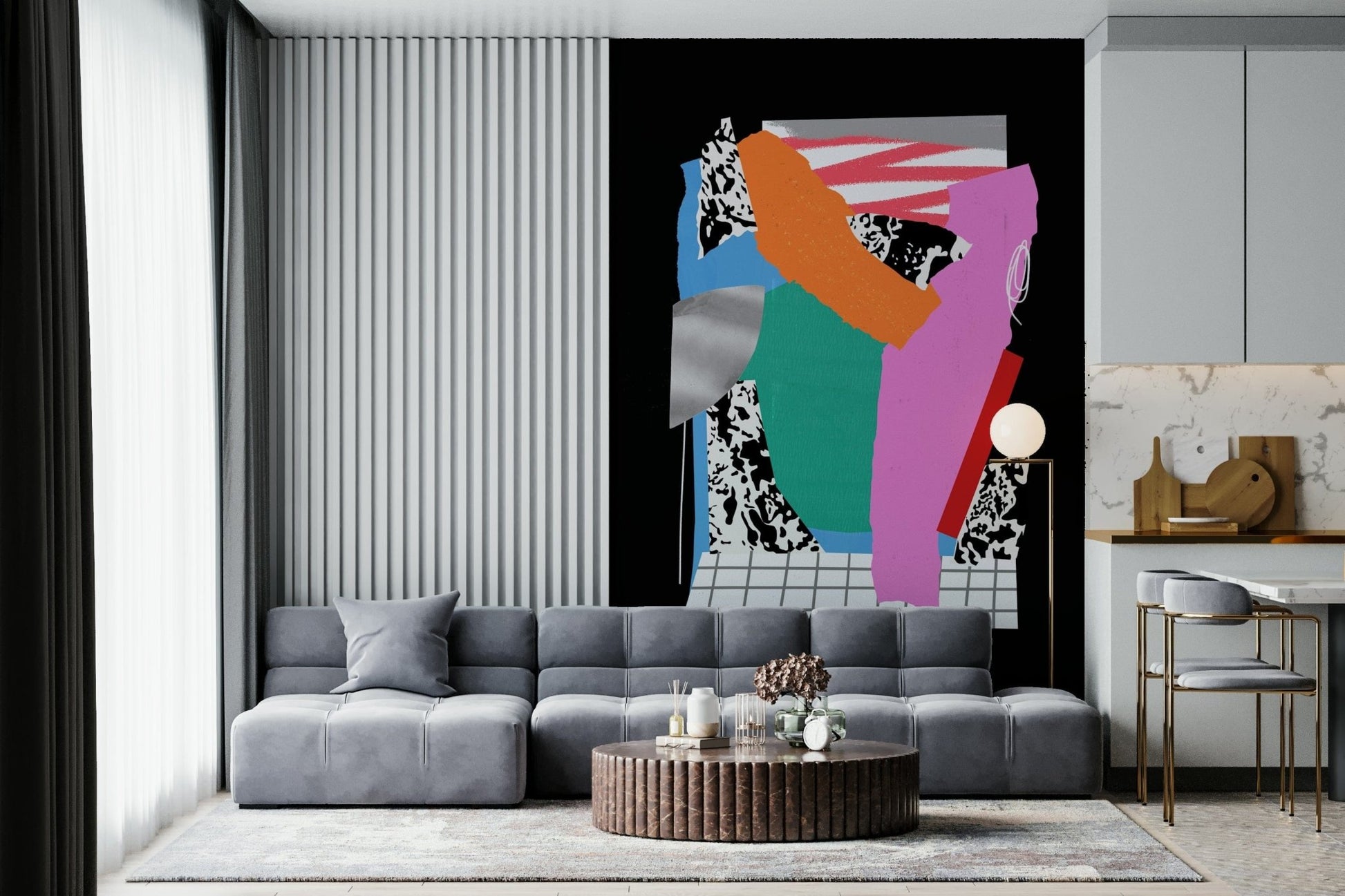 Artistic wallpaper panels for a cozy reading nook or home office.