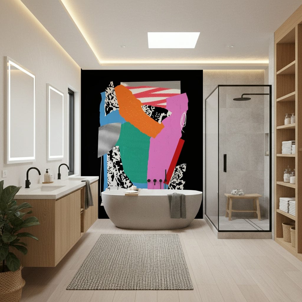 Subtle brown and cream wall mural for a mid-century modern lounge.