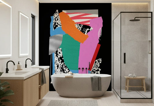 Subtle brown and cream wall mural for a mid-century modern lounge.