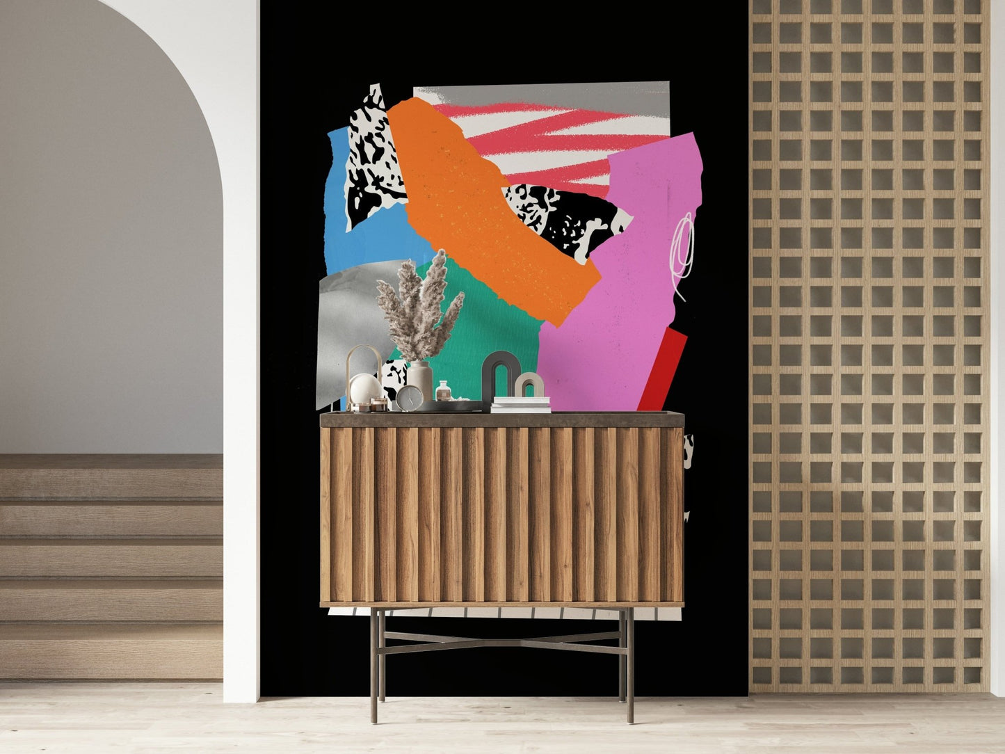 Minimalist beige wallpaper with geometric shapes for a bedroom feature wall.